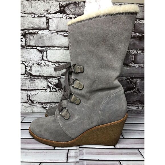 Cole Haan Waterproof Gray Suede Shearling Wedge Comfort Winter Boots Women Sz 9B - Picture 14 of 16